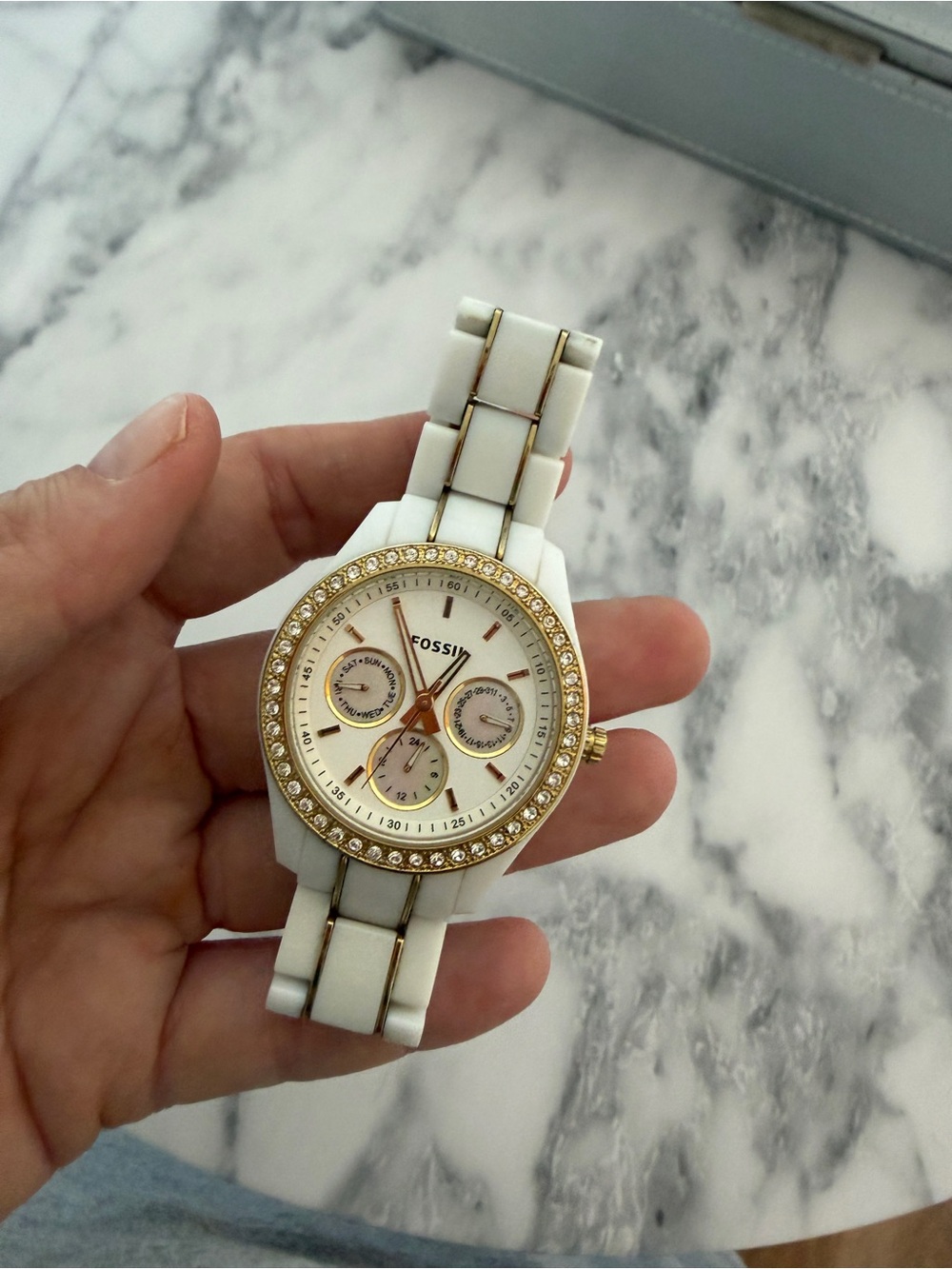 Fossil White and Gold-Tone Crystal Bezel Women's Watch